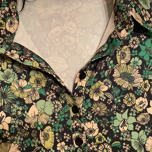 ZARA Floral Print Mini Shirt Dress S Green White Long Sleeve V-Neck Retro - Picture 10 of 12